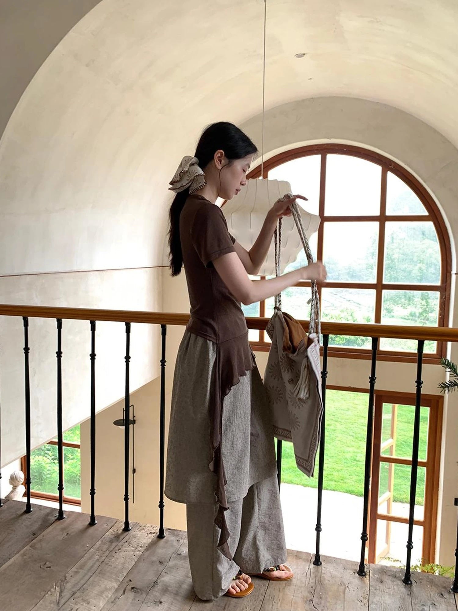 Flowy Ribbon Hem T-shirt with Elastic Waist