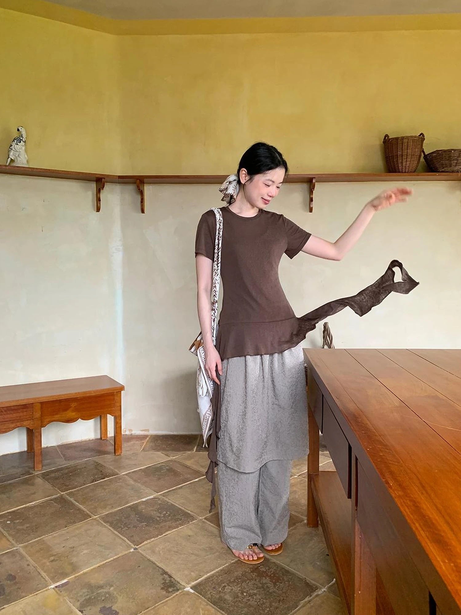 Flowy Ribbon Hem T-shirt with Elastic Waist