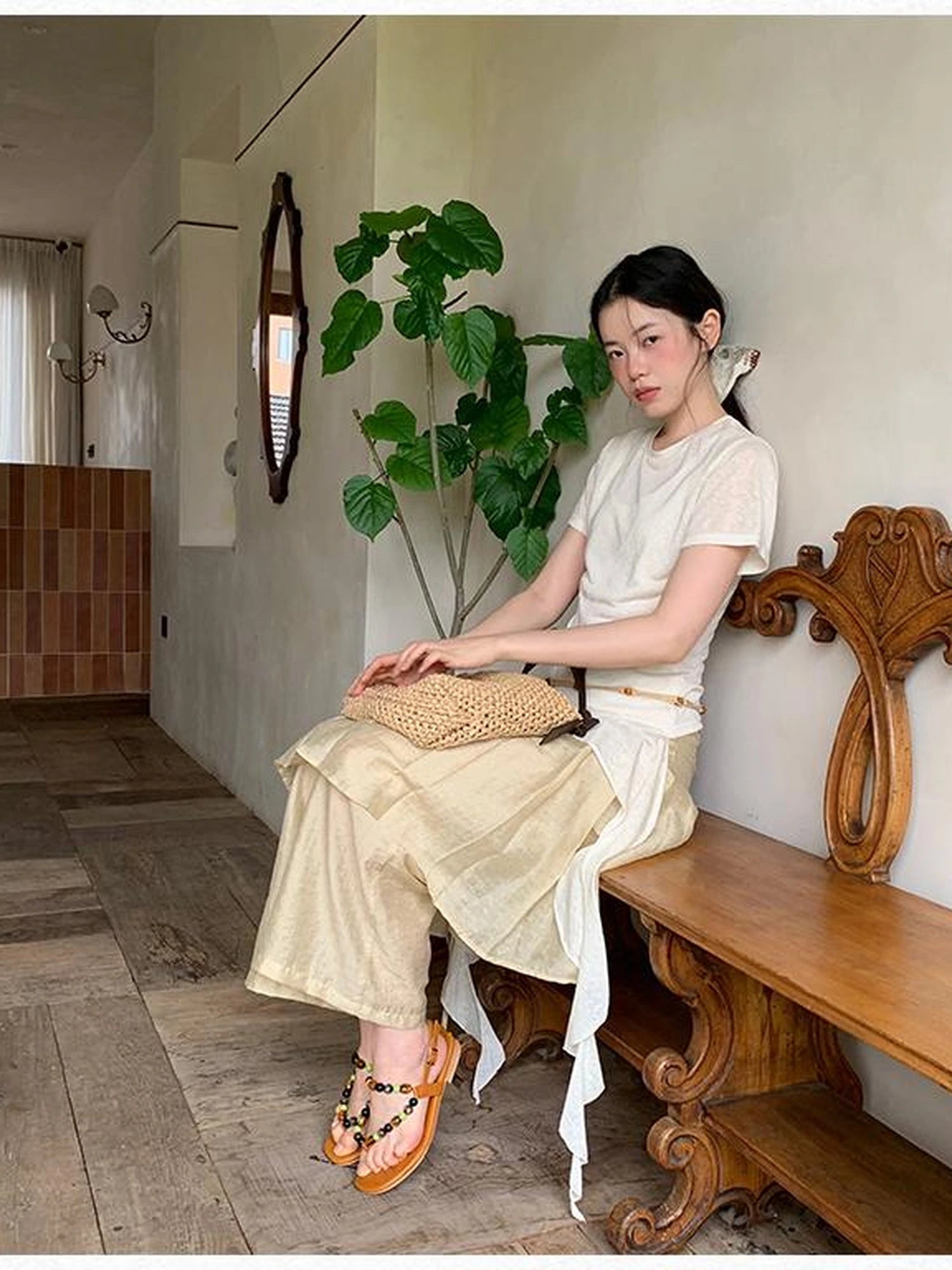 Flowy Ribbon Hem T-shirt with Elastic Waist