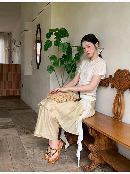 Flowy Ribbon Hem T-shirt with Elastic Waist