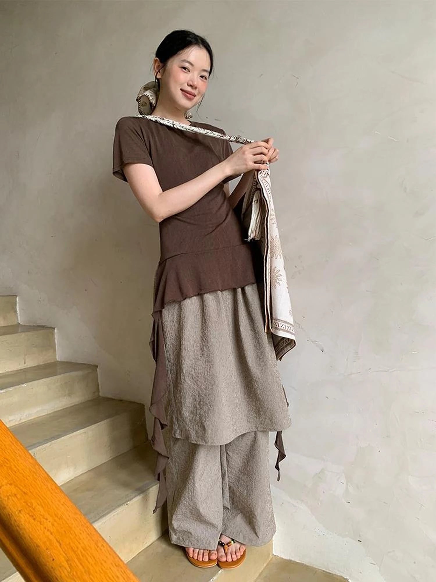 Flowy Ribbon Hem T-shirt with Elastic Waist