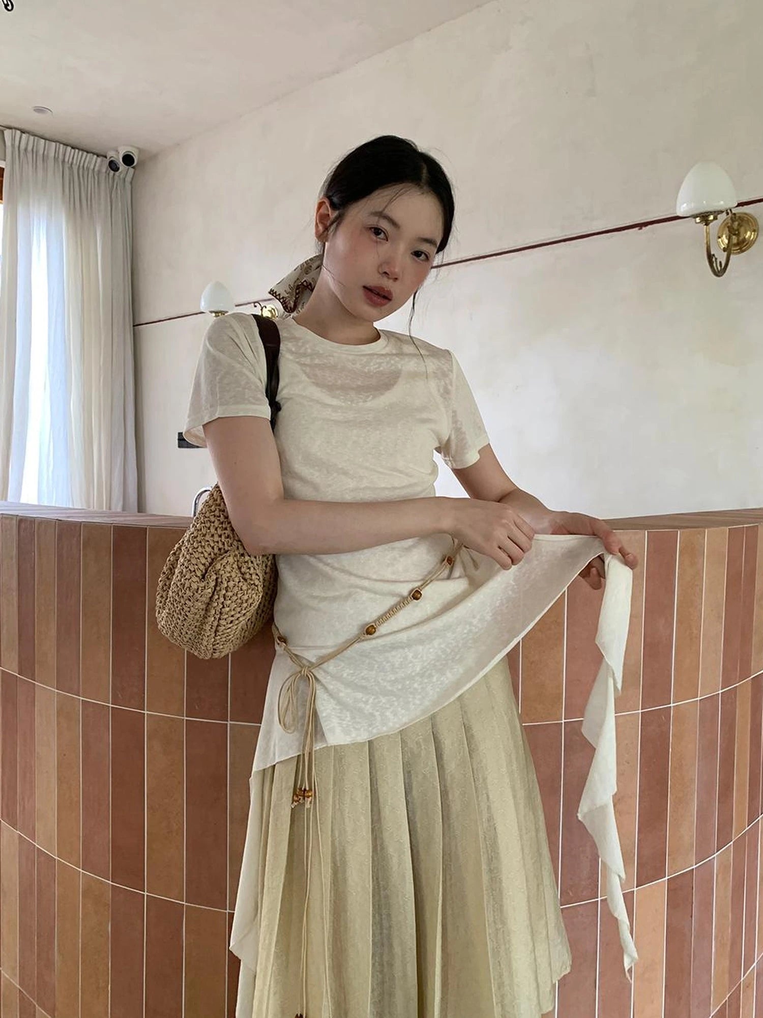 Flowy Ribbon Hem T-shirt with Elastic Waist