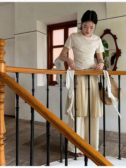 Flowy Ribbon Hem T-shirt with Elastic Waist