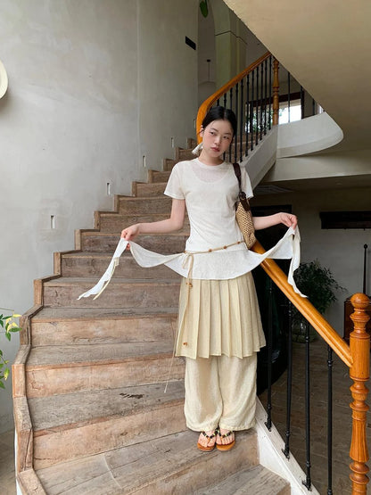 Flowy Ribbon Hem T-shirt with Elastic Waist