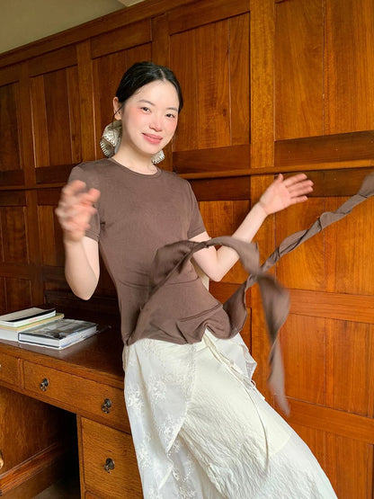 Flowy Ribbon Hem T-shirt with Elastic Waist