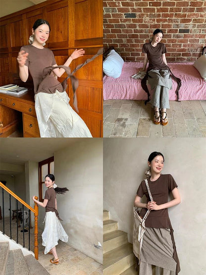 Flowy Ribbon Hem T-shirt with Elastic Waist