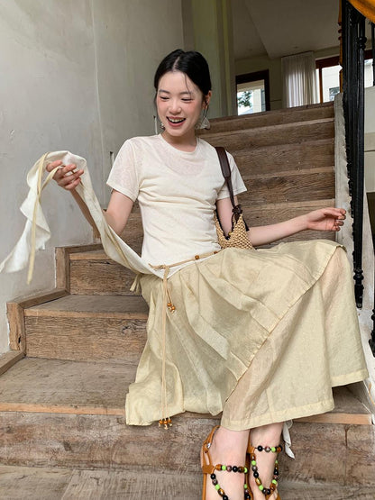 Dorydory Flowy Ribbon Hem T-shirt with Elastic Waist