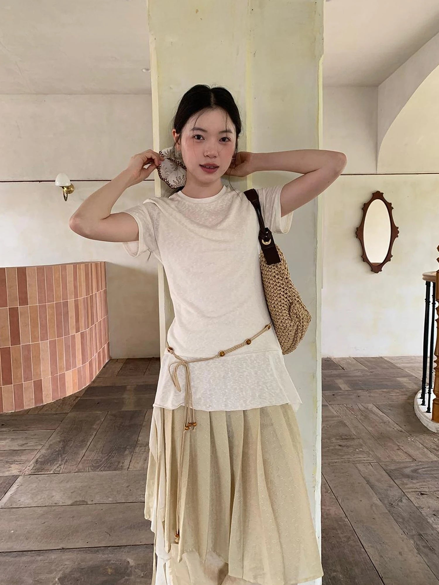 Flowy Ribbon Hem T-shirt with Elastic Waist