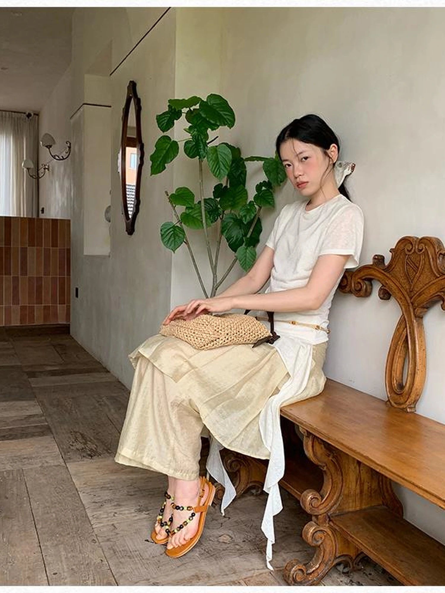 Flowy Ribbon Hem T-shirt with Elastic Waist