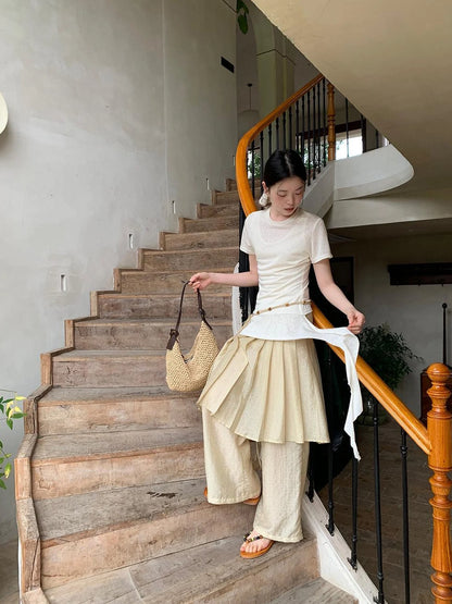 Flowy Ribbon Hem T-shirt with Elastic Waist