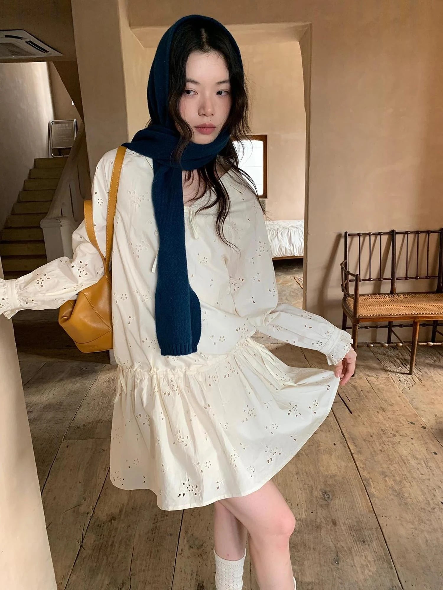 French Lace Trimmed Embroidered Shirt Dress with Waist Tie