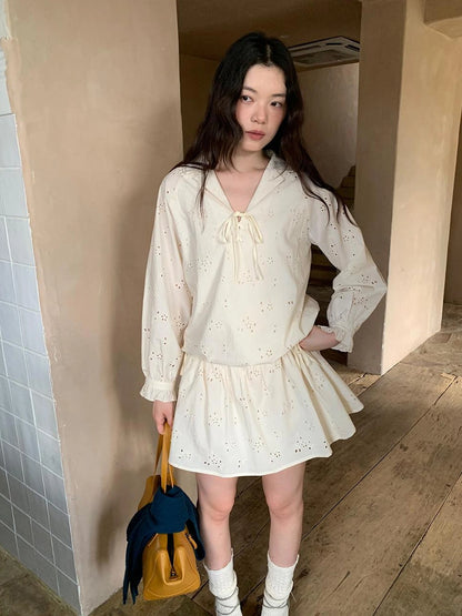 French Lace Trimmed Embroidered Shirt Dress with Waist Tie