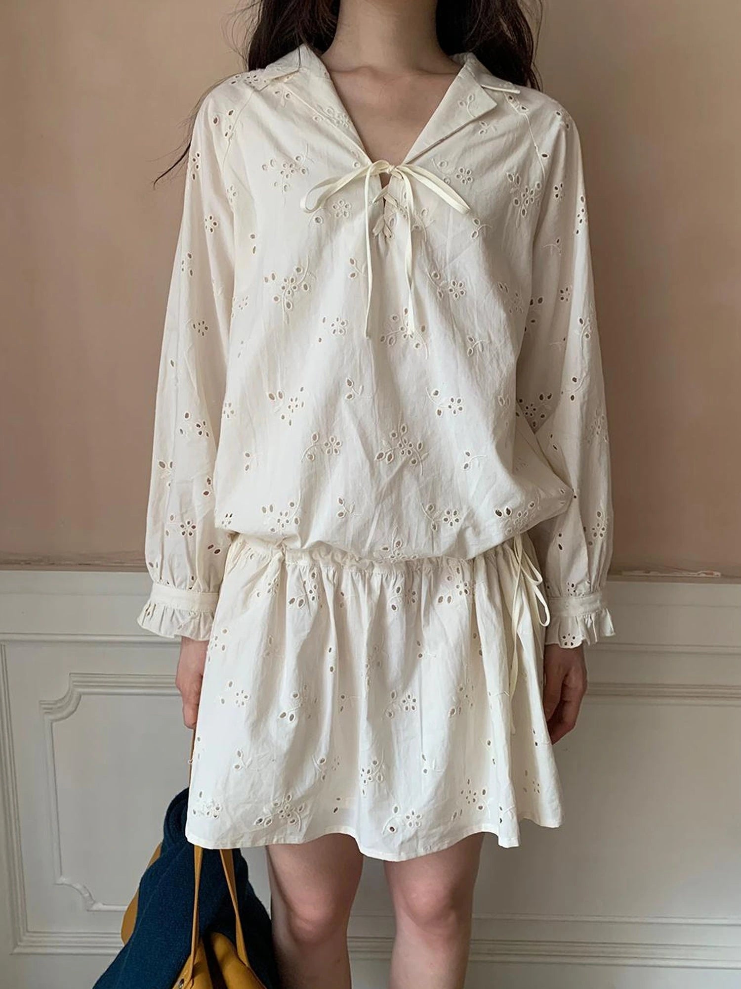 French Lace Trimmed Embroidered Shirt Dress with Waist Tie