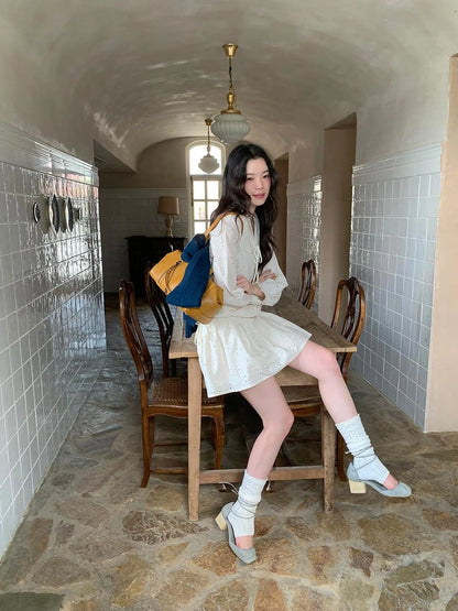 French Lace Trimmed Embroidered Shirt Dress with Waist Tie