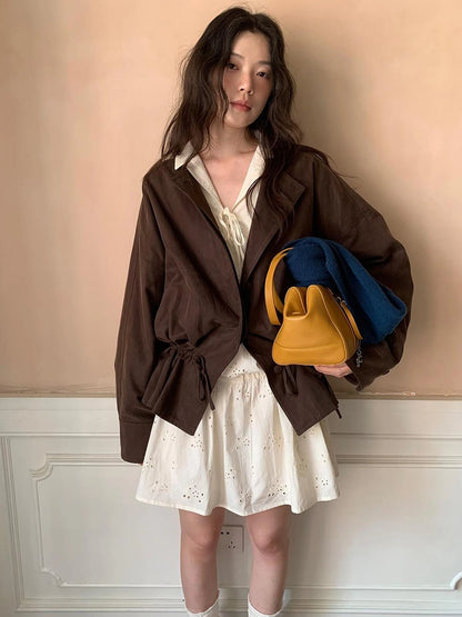 French Lace Trimmed Embroidered Shirt Dress with Waist Tie