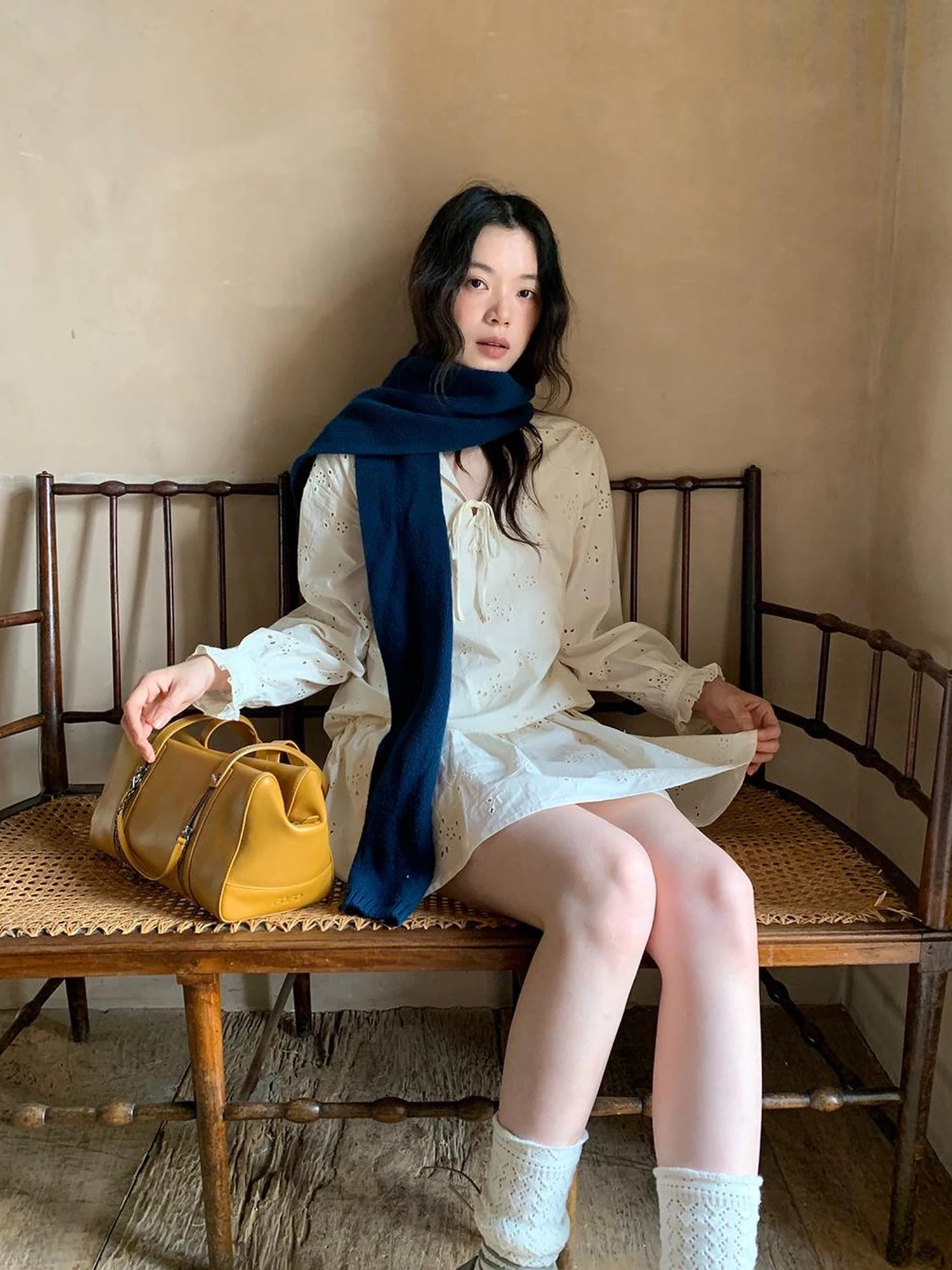 French Lace Trimmed Embroidered Shirt Dress with Waist Tie