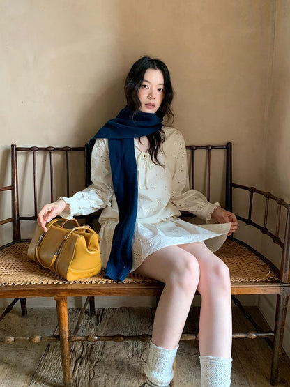 French Lace Trimmed Embroidered Shirt Dress with Waist Tie