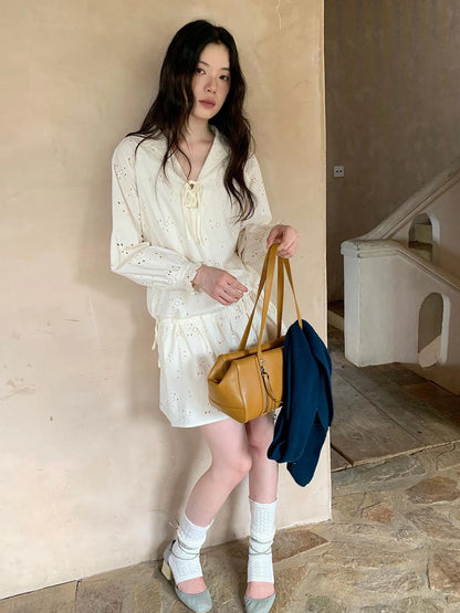 French Lace Trimmed Embroidered Shirt Dress with Waist Tie