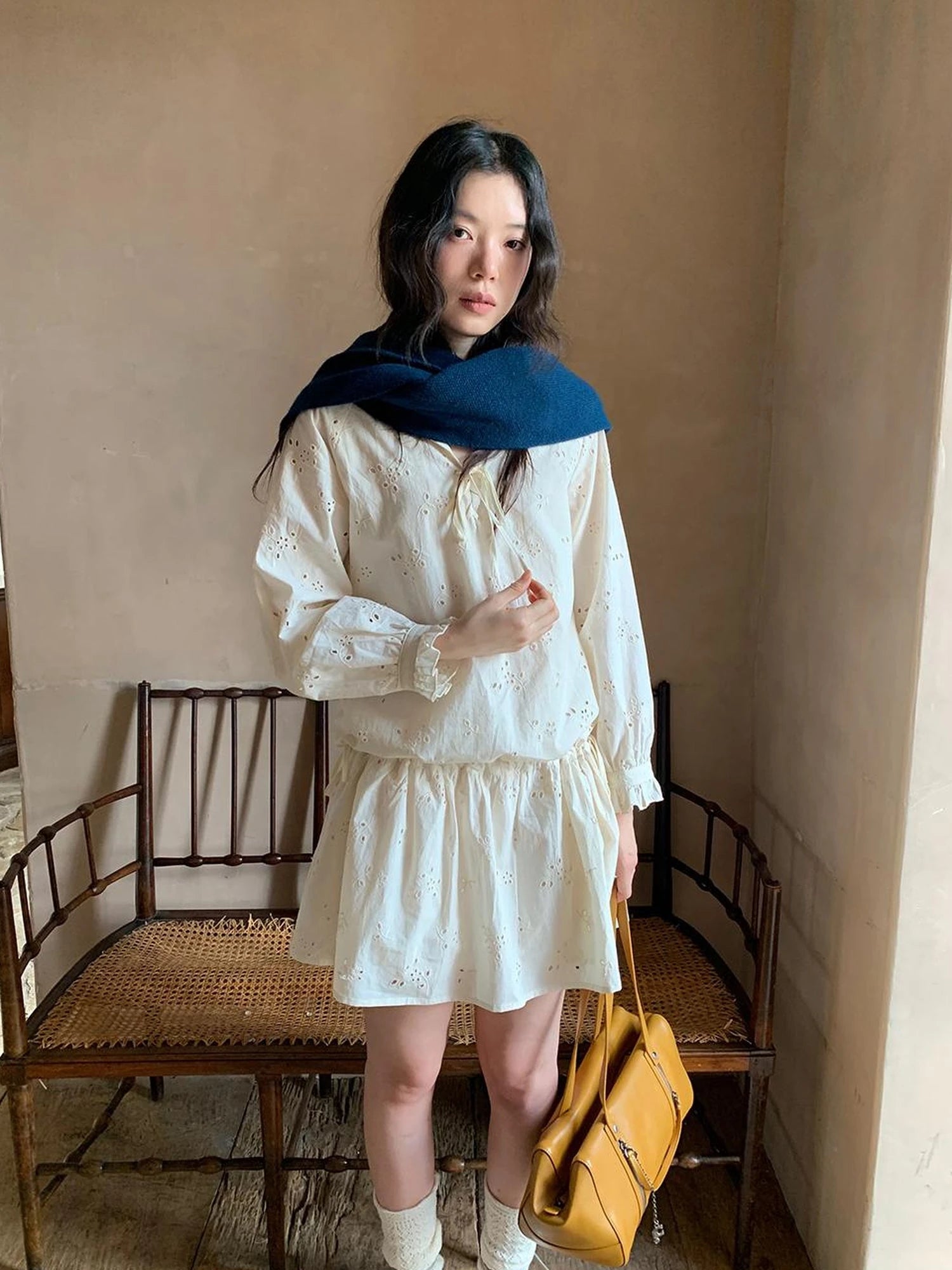 French Lace Trimmed Embroidered Shirt Dress with Waist Tie