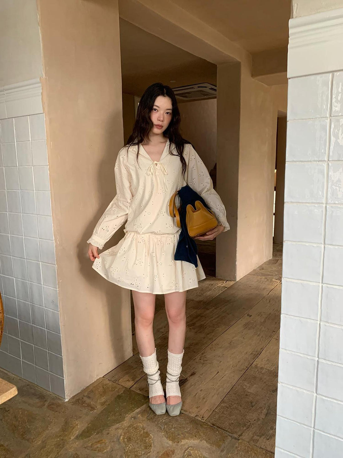 Dorydory French Lace Trimmed Embroidered Shirt Dress with Waist Tie