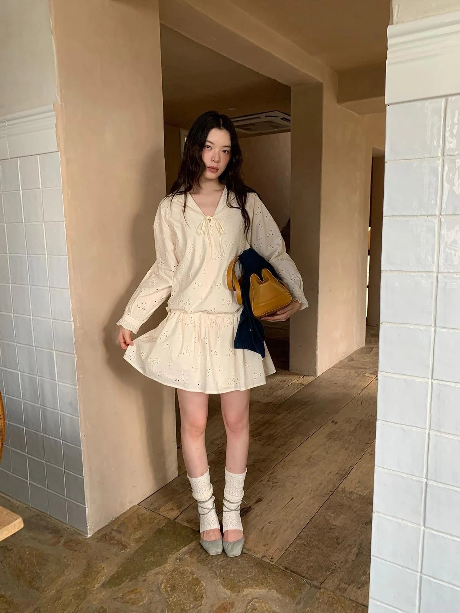 French Lace Trimmed Embroidered Shirt Dress with Waist Tie