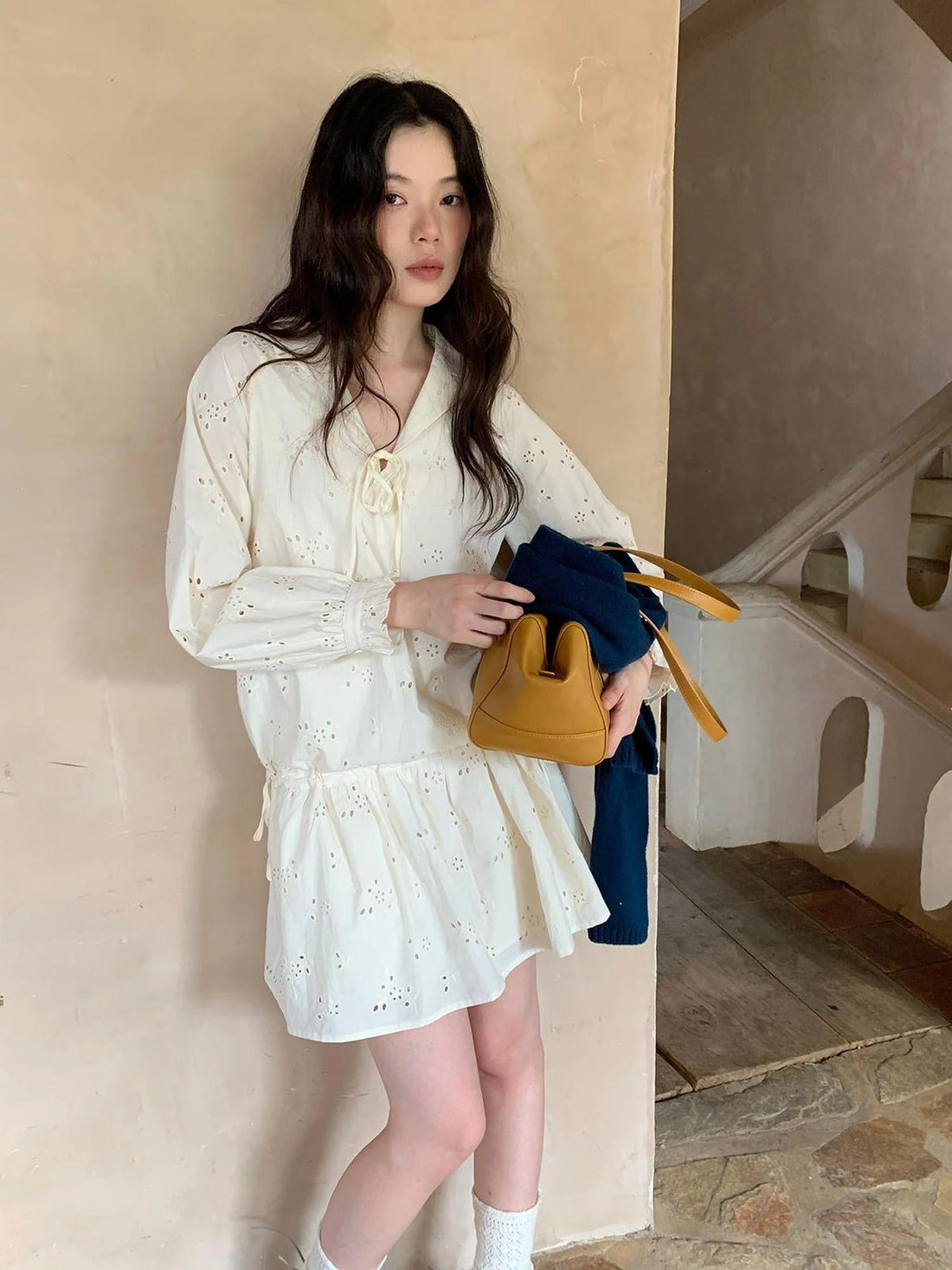 French Lace Trimmed Embroidered Shirt Dress with Waist Tie