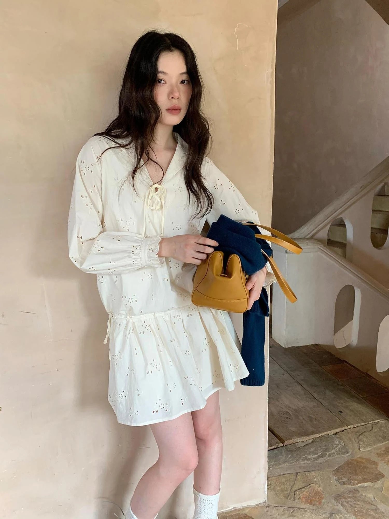 French Lace Trimmed Embroidered Shirt Dress with Waist Tie