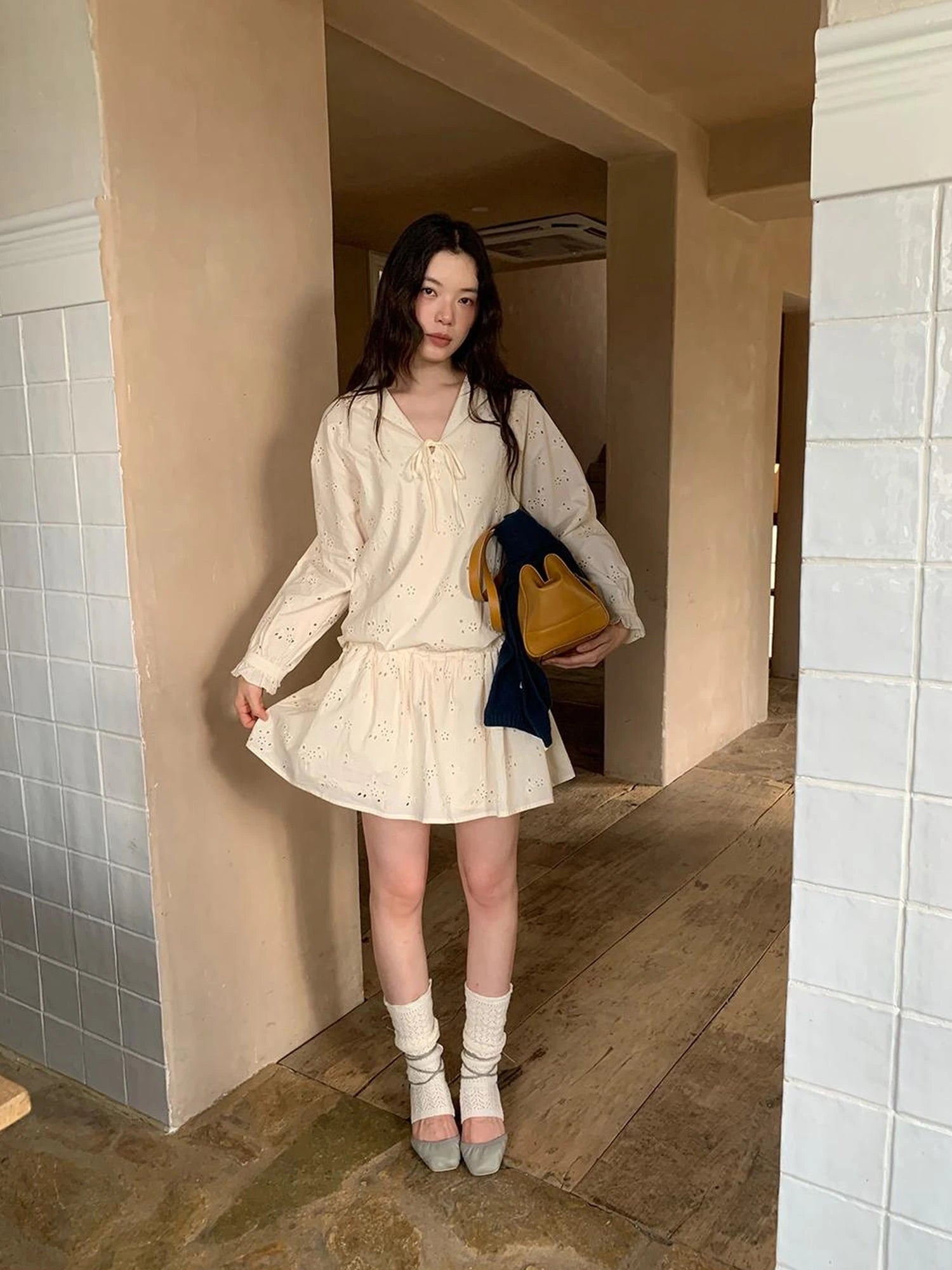 French Lace Trimmed Embroidered Shirt Dress with Waist Tie