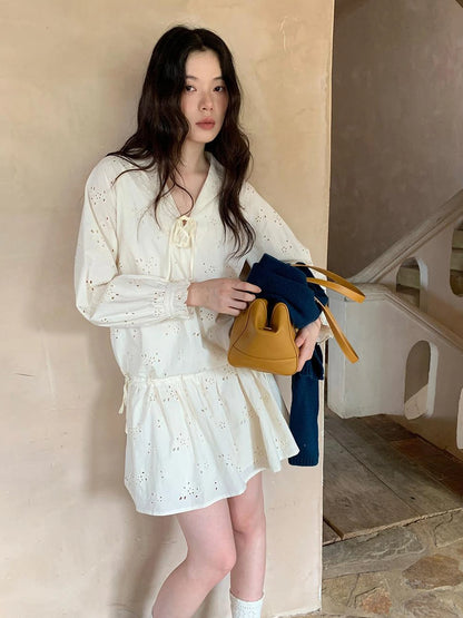 French Lace Trimmed Embroidered Shirt Dress with Waist Tie