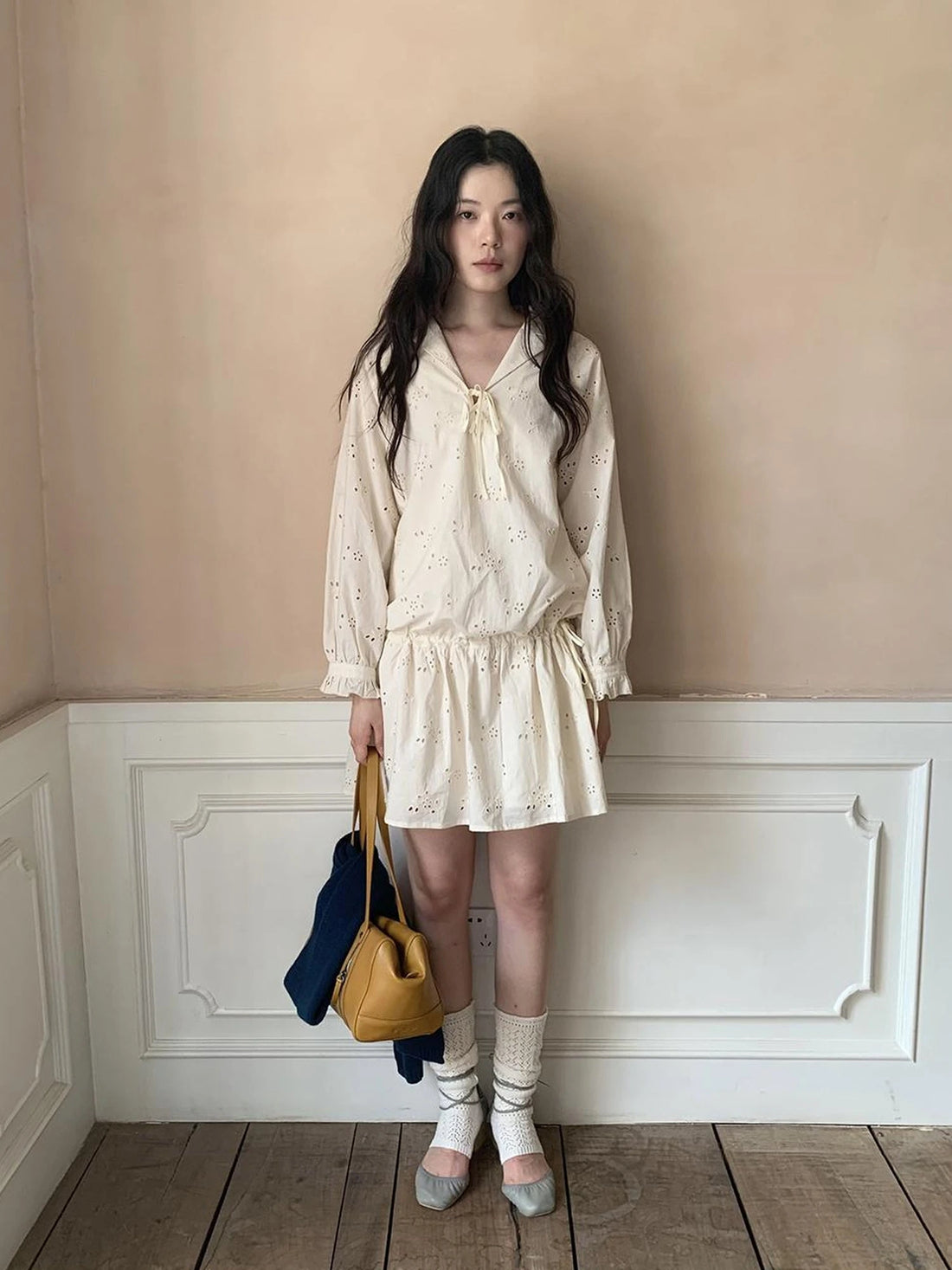 French Lace Trimmed Embroidered Shirt Dress with Waist Tie