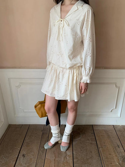 French Lace Trimmed Embroidered Shirt Dress with Waist Tie