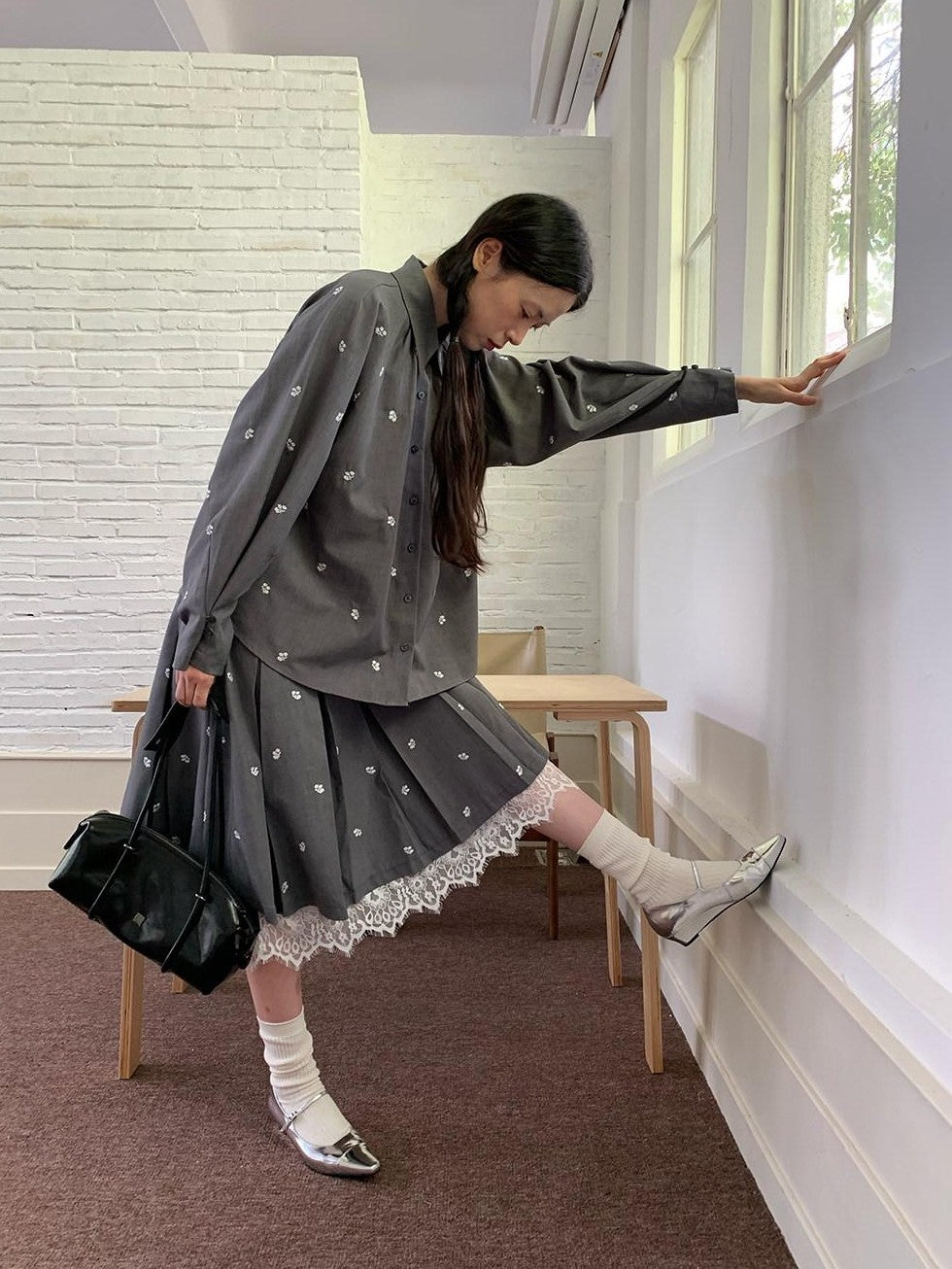 Dorydory Gray Embroidered Polo Collar Women&