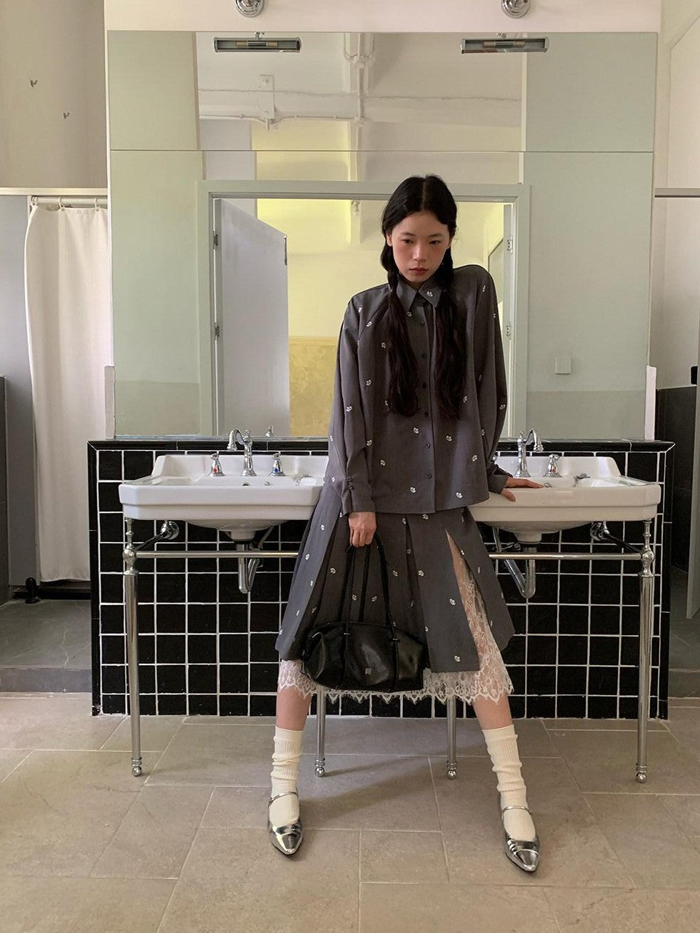 Dorydory Gray Embroidered Polo Collar Women&