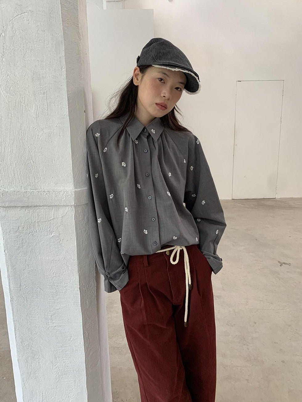 Dorydory Gray Embroidered Polo Collar Women&