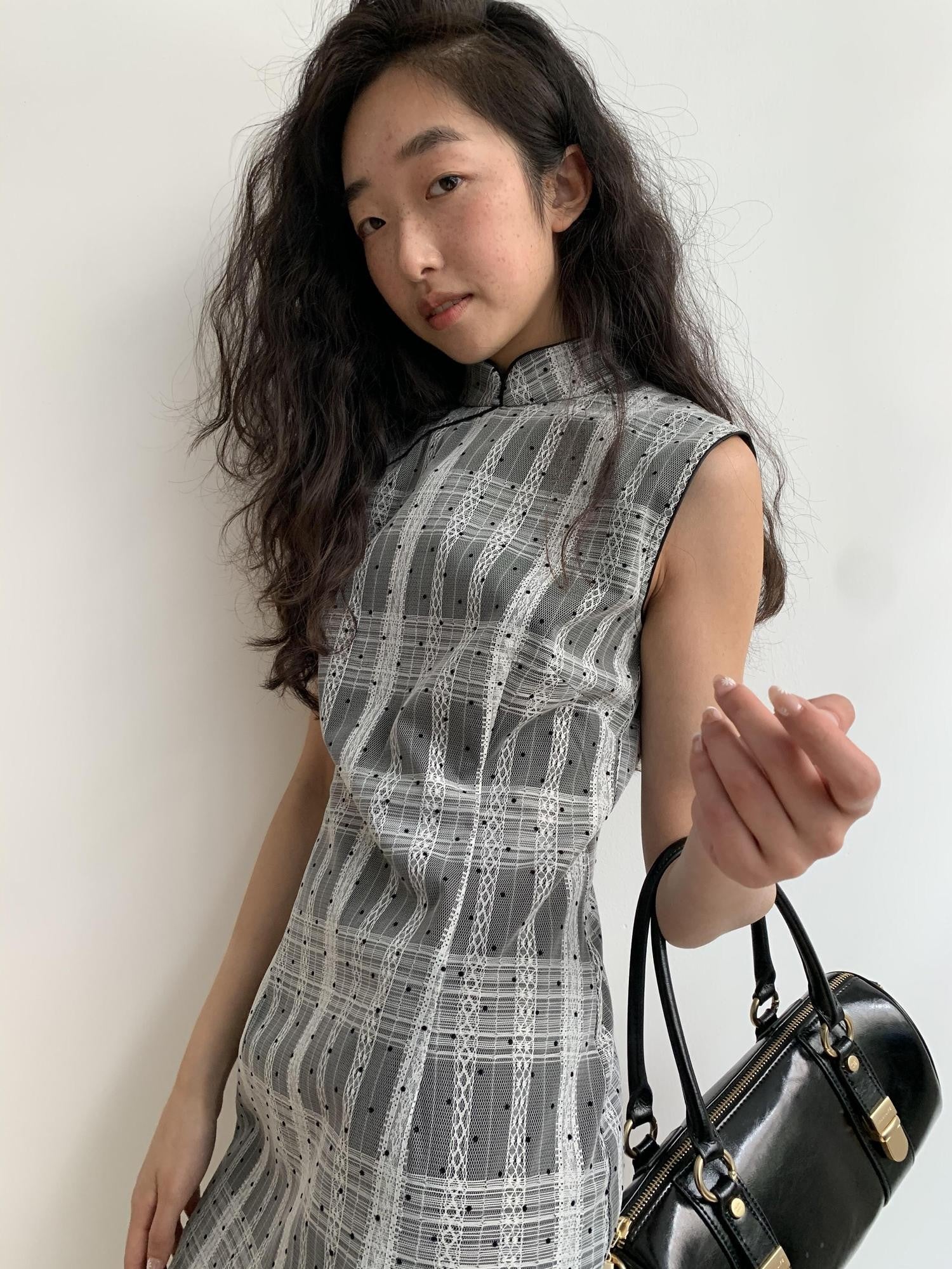 Dorydory Gray Gingham Lace Flocked Polka Dot Women&