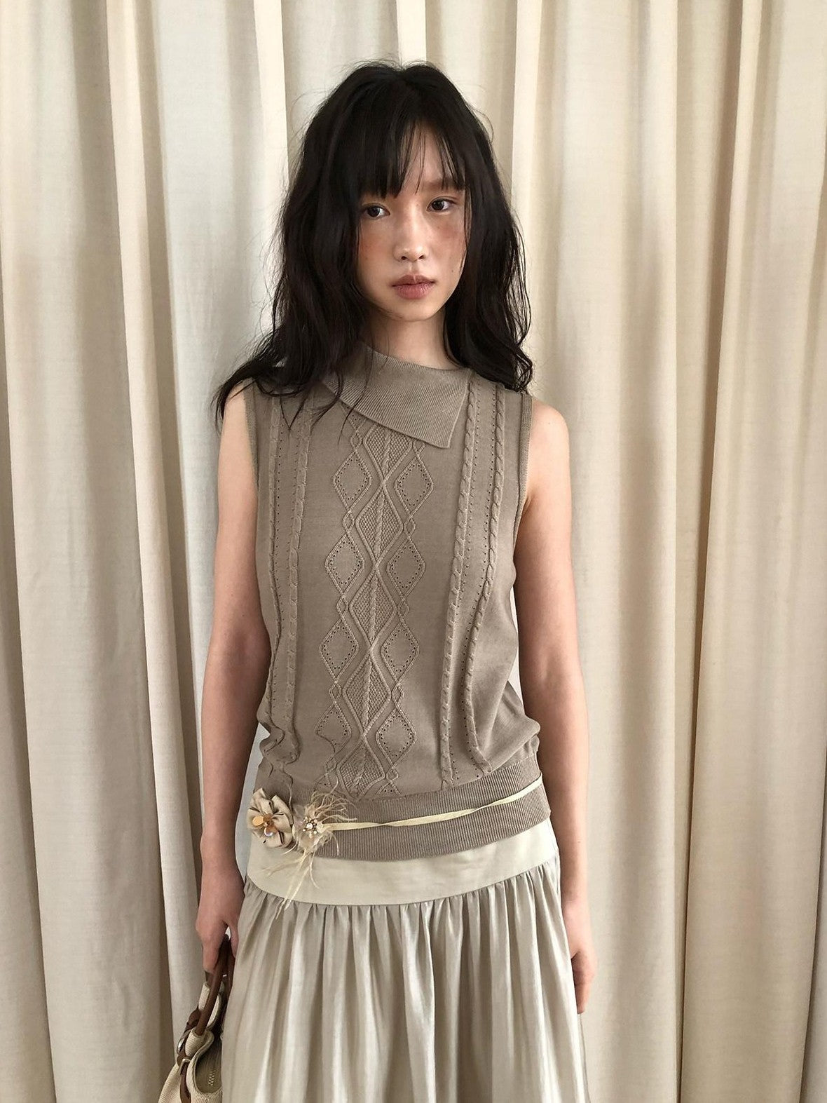 Dorydory Gray Green Openwork Knit Lapel Collar Women&
