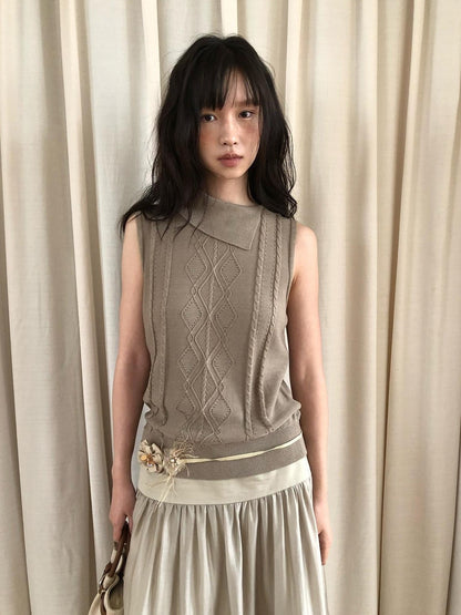 Dorydory Gray Green Openwork Knit Lapel Collar Women&