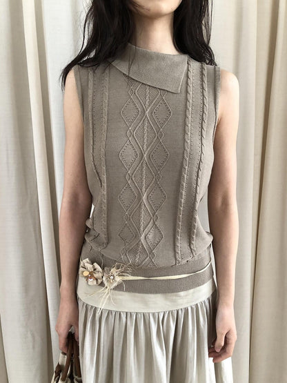 Dorydory Gray Green Openwork Knit Lapel Collar Women&