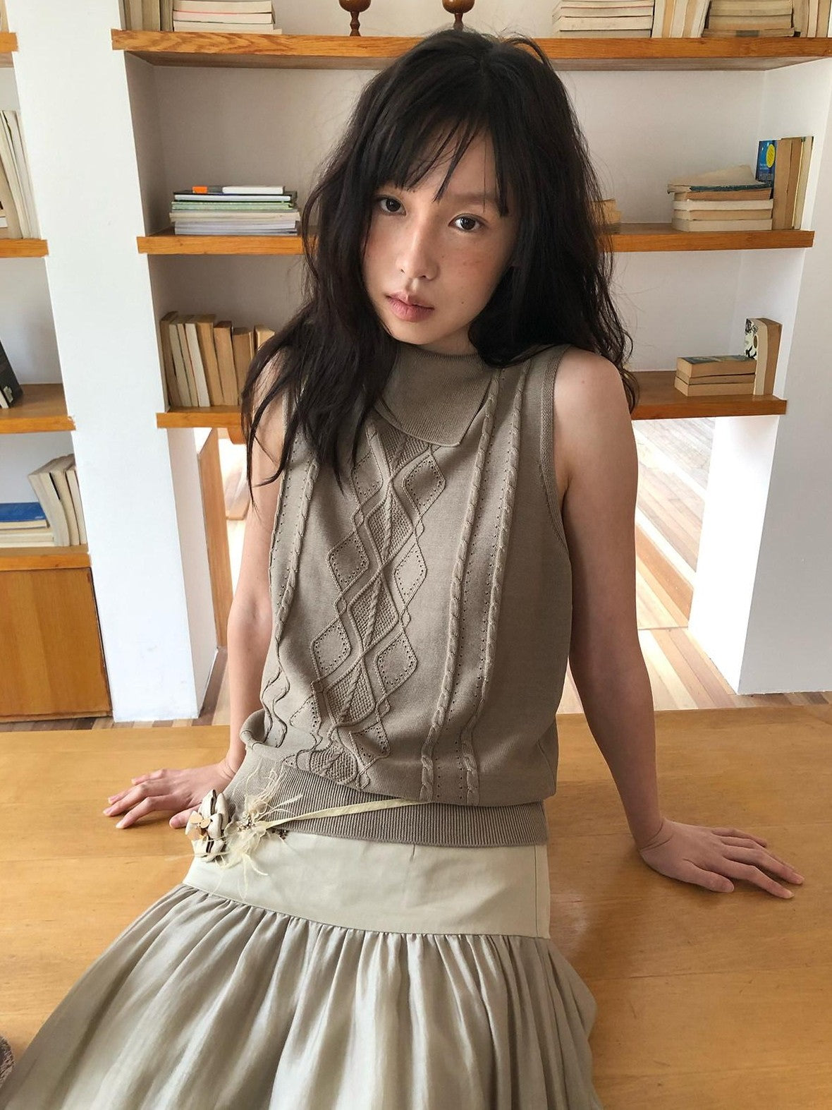 Dorydory Gray Green Openwork Knit Lapel Collar Women&