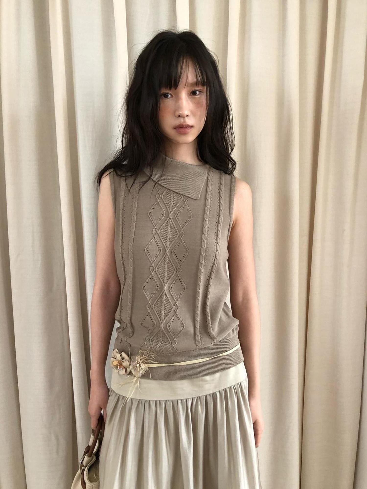 Dorydory Gray Green Openwork Knit Lapel Collar Women&