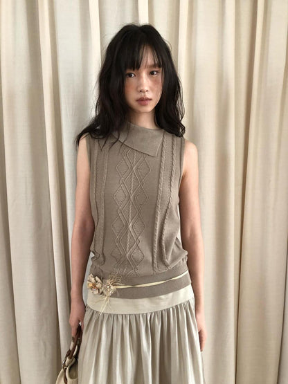 Dorydory Gray Green Openwork Knit Lapel Collar Women&