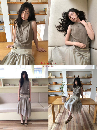 Dorydory Gray Green Openwork Knit Lapel Collar Women&