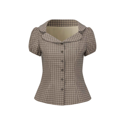 Dorydory_Gray_Purple_Plaid_Turn_Down_Collar_Puff_Sleeve_Women&