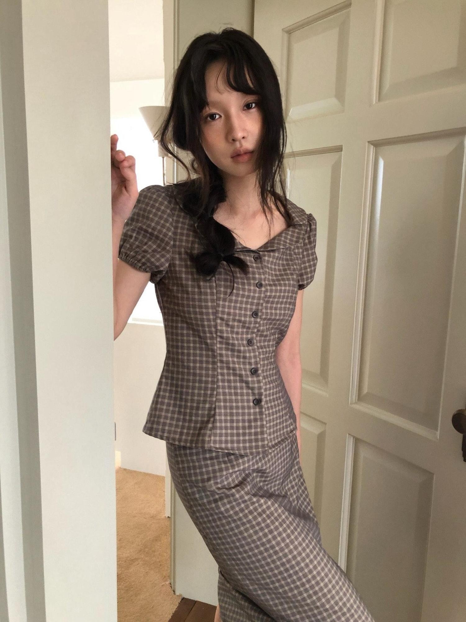 Dorydory Gray Purple Plaid Turn Down Collar Puff Sleeve Women&