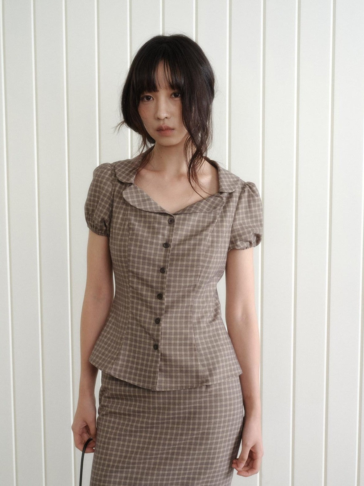 Dorydory Gray Purple Plaid Turn Down Collar Puff Sleeve Women&