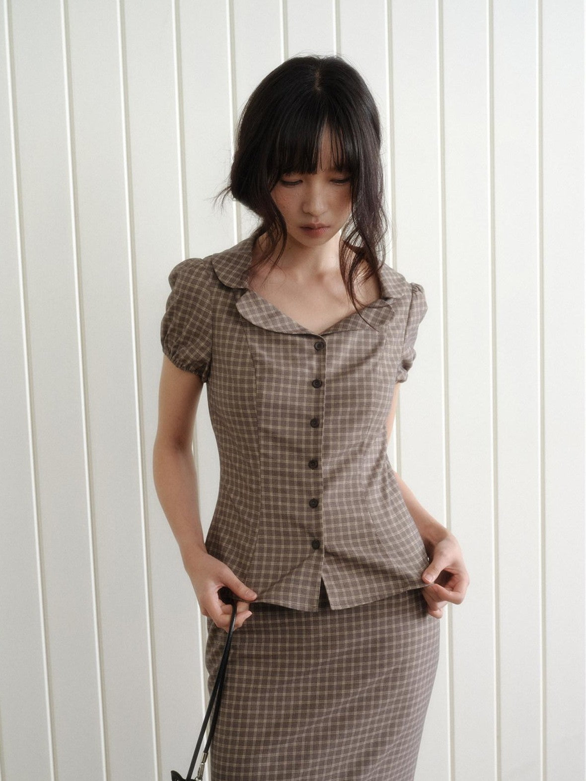 Dorydory Gray Purple Plaid Turn Down Collar Puff Sleeve Women&