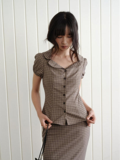 Dorydory Gray Purple Plaid Turn Down Collar Puff Sleeve Women&