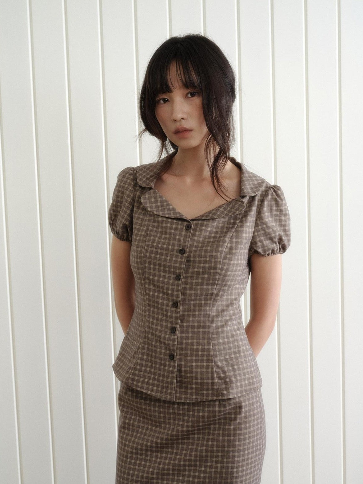 Dorydory Gray Purple Plaid Turn Down Collar Puff Sleeve Women&