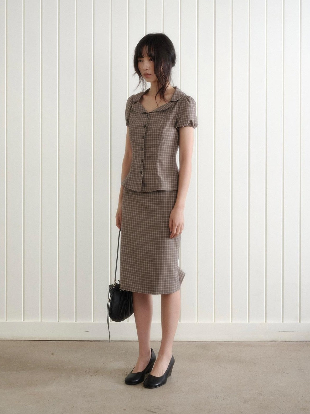 Dorydory Gray Purple Plaid Turn Down Collar Puff Sleeve Women&