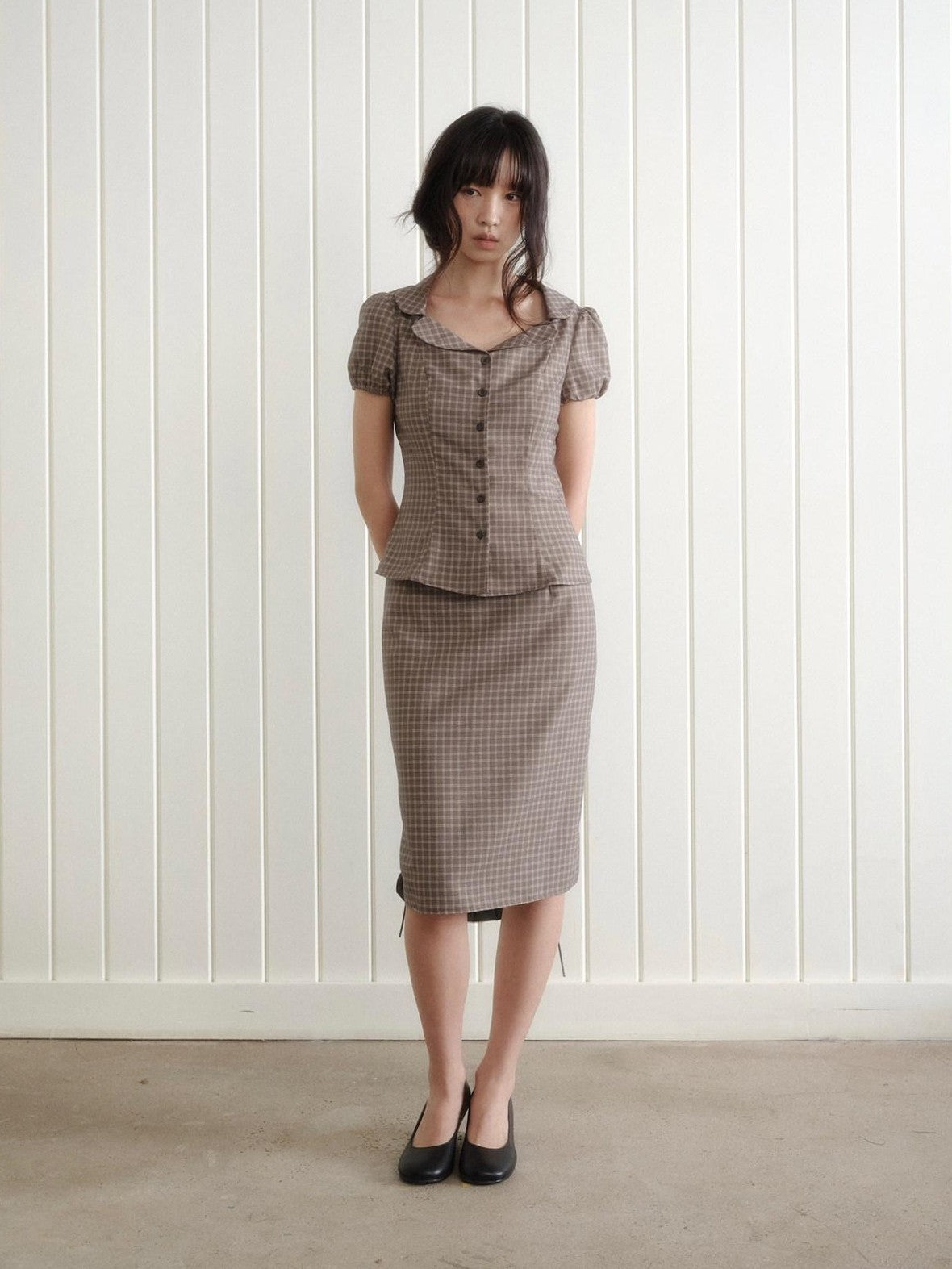 Dorydory Gray Purple Plaid Turn Down Collar Puff Sleeve Women&